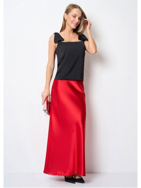 Silk Blend Two Piece Set Red Satin Maxi Skirt Black Bow Top